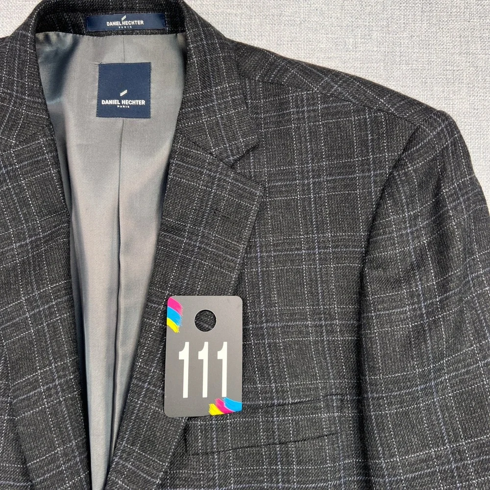 Daniel Hechter Slim Fit Windowpane Suit Jacket Men 42L Charcoal Wool Bamboo Prep
